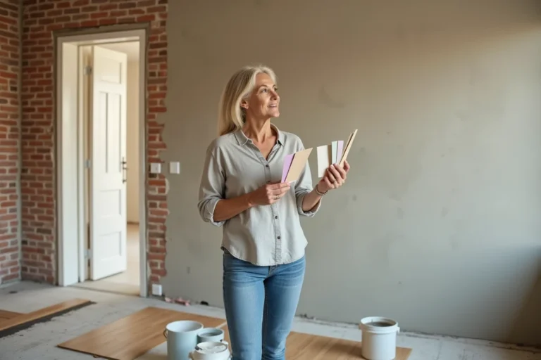 Femme en train de choisir des couleurs de peinture lors d'une rénovation intérieure de salon avec mur en brique apparente