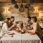 Groupe d'amis partageant un repas convivial dans un restaurant traditionnel aux murs en pierre avec une table garnie de charcuterie et de pain artisanal