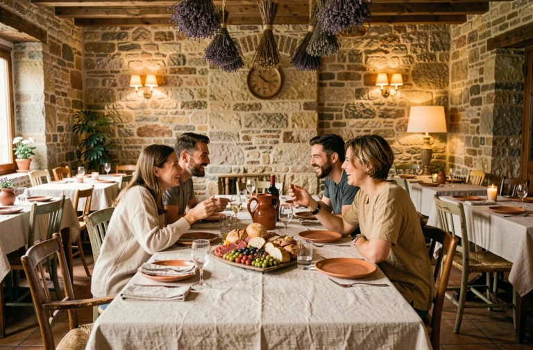 Groupe d'amis partageant un repas convivial dans un restaurant traditionnel aux murs en pierre avec une table garnie de charcuterie et de pain artisanal