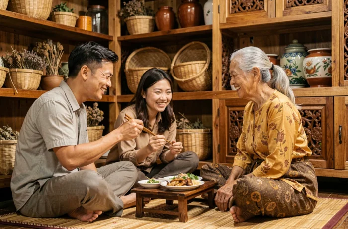 Deux voyageurs partageant un repas traditionnel avec un habitant dans un homestay en bois au Vietnam