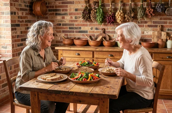 Deux femmes seniors partageant un repas sain et coloré dans une cuisine rustique, illustrant l'alimentation équilibrée et le lien social après 60 ans