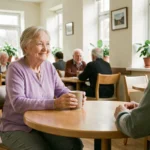 Une résidente âgée d'une maison de retraite belge partage un moment chaleureux avec une soignante autour d'une table en bois