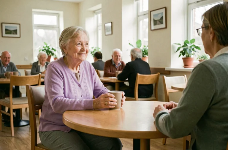 Une résidente âgée d'une maison de retraite belge partage un moment chaleureux avec une soignante autour d'une table en bois