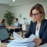 Responsable RH qui examine un dossier CSP à transmettre à Pôle emploi depuis son bureau en entreprise
