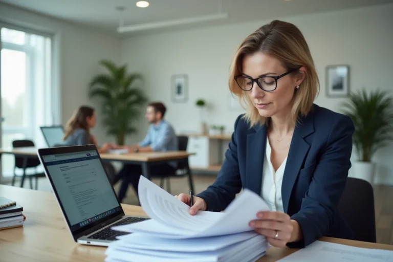 Responsable RH qui examine un dossier CSP à transmettre à Pôle emploi depuis son bureau en entreprise