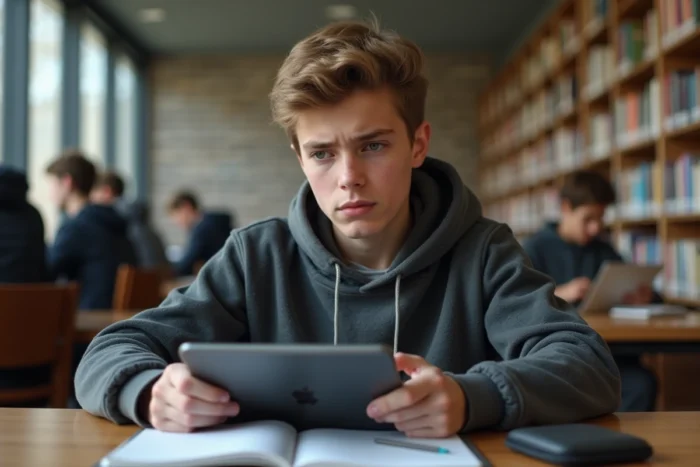 Lycéen consultant ses résultats du baccalauréat 2025 sur la plateforme Cyclades depuis une tablette en bibliothèque