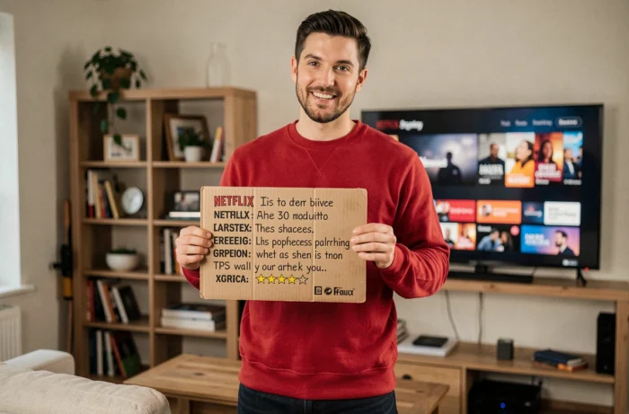 Homme tenant une carte parodiant un résumé Netflix de sa propre vie pour une bio Tinder créative et humoristique