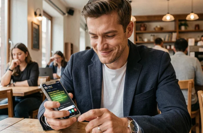 Homme satisfait lisant une fausse review Google de lui-même cinq étoiles sur son téléphone dans un café