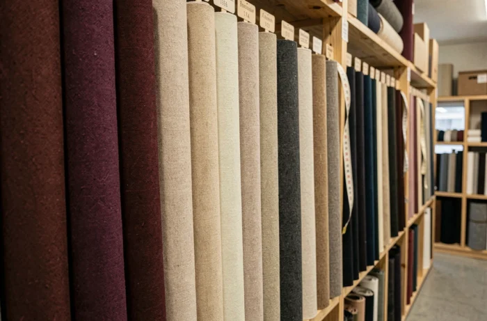Rouleaux de tissu flanelle coton exposés dans une mercerie, présentant une variété de couleurs et de textures brossées pour aider au choix