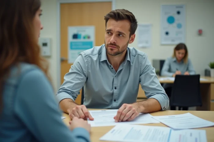 Salarié en entretien avec un conseiller Pôle emploi pour la remise de son dossier CSP