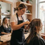 Coiffeuse professionnelle coupant les cheveux d'une cliente dans un salon de coiffure moderne à Capbreton