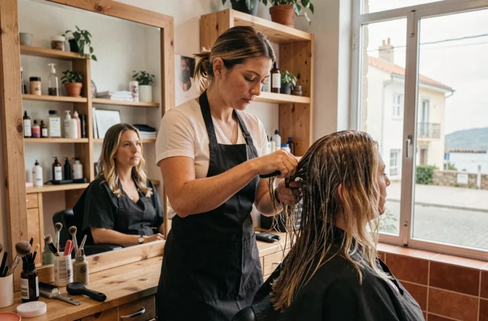 Coiffeuse professionnelle coupant les cheveux d'une cliente dans un salon de coiffure moderne à Capbreton