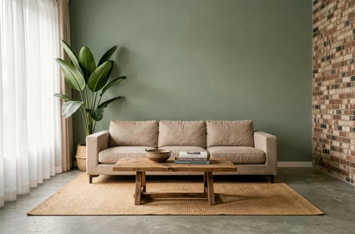 Salon décoré avec soin alliant canapé en lin, plante tropicale et mur en brique pour une ambiance maison idéale