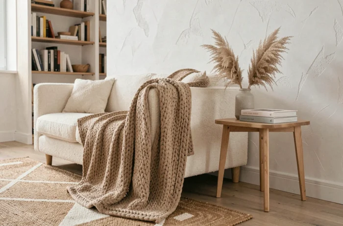 Salon scandinave cosy avec canapé bouclé crème, table en bois clair et décoration végétale en herbes de pampa séchées