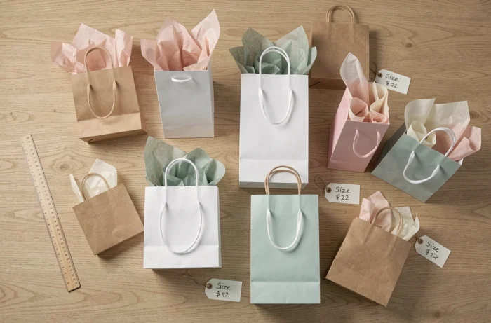 Vue de dessus d'une sélection de pochettes cadeaux en papier de différentes tailles et formats disposées sur une table en bois clair avec des repères de mesure