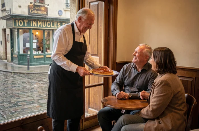 Serveur âgé présentant une tarte Tatin à un couple attablé près d'une fenêtre mouillée dans un bistrot de village français authentique