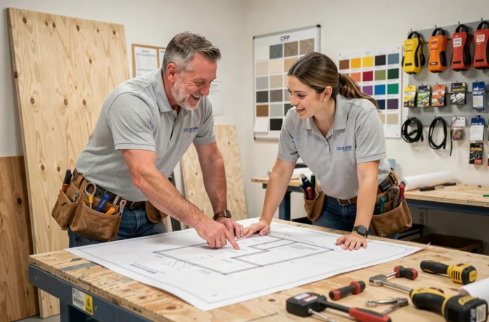 Formateur et stagiaire étudiant des plans de rénovation lors d'une session de formation CPF éligible en centre de bricolage professionnel