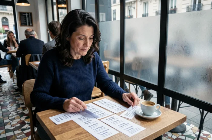 Femme étudiant l'histoire et la signification du prénom Lucie dans un café lyonnais avec des fiches de recherche