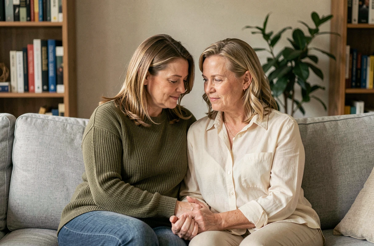 Deux femmes se tenant la main sur un canapé en signe de soutien émotionnel, évoquant la discussion sur un rêve angoissant lié à la maladie