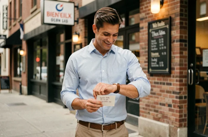 Homme souriant devant un restaurant tenant une carte spoiler humoristique sur le premier rendez-vous
