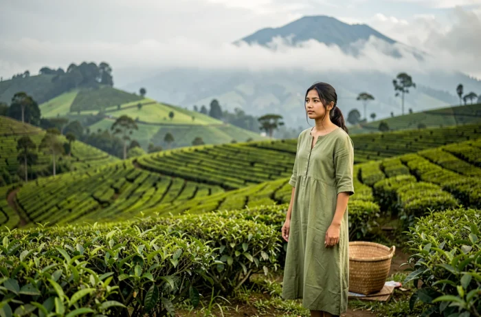 Voyageuse debout au bord d'une plantation de thé dans les hauts plateaux du Sri Lanka, entourée de collines verdoyantes