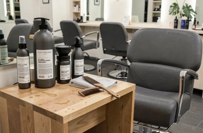 Station de coiffage spécialisée cheveux bouclés avec produits curl care dans le studio Thomas Tuccinardi à Lyon