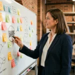 Professionnelle du marketing créatif présentant une stratégie publicitaire devant un tableau de concepts dans une agence moderne