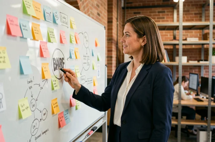 Professionnelle du marketing créatif présentant une stratégie publicitaire devant un tableau de concepts dans une agence moderne