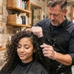 Coiffeur expert en cheveux bouclés au travail dans le studio Thomas Tuccinardi à Lyon, définissant les boucles d'une cliente