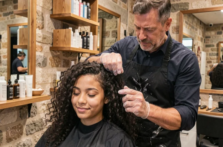 Coiffeur expert en cheveux bouclés au travail dans le studio Thomas Tuccinardi à Lyon, définissant les boucles d'une cliente