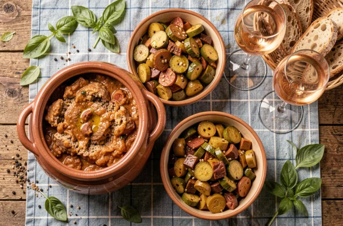 Vue de dessus d'une table rustique garnie d'un cassoulet en céramique, de ratatouille et d'un panier de pain au levain sur une nappe à carreaux bleus