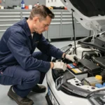 Technicien automobile inspectant la batterie d'un Renault Austral dans un garage moderne