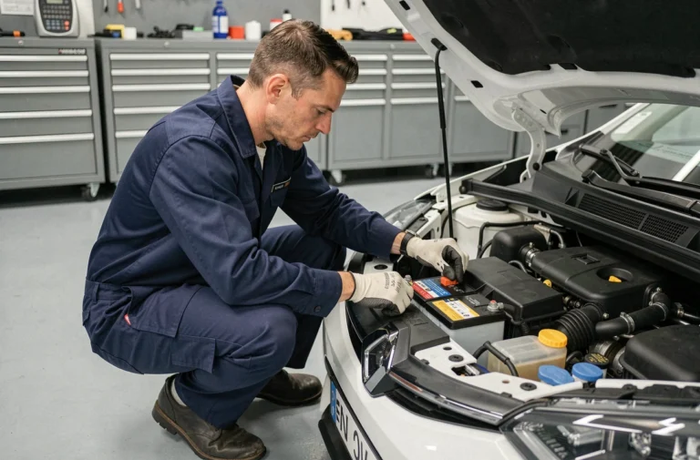 Technicien automobile inspectant la batterie d'un Renault Austral dans un garage moderne