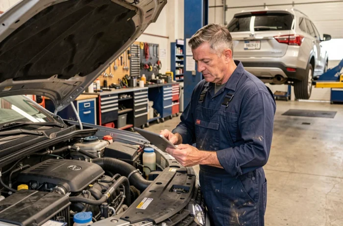 Technicien automobile inspectant le moteur d'un SUV fiable dans un garage professionnel moderne
