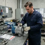 Technicien inspectant des pièces détachées SDMO sur un établi d'atelier industriel