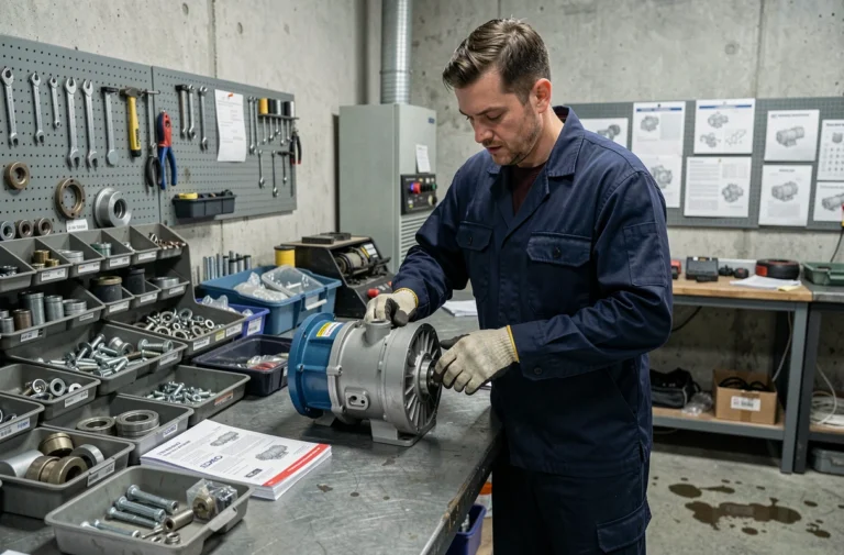 Technicien inspectant des pièces détachées SDMO sur un établi d'atelier industriel