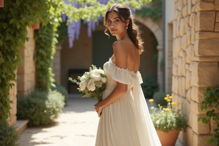 Mariée élégante en robe de mariée ivoire tendance 2024 dans une cour provençale fleurie