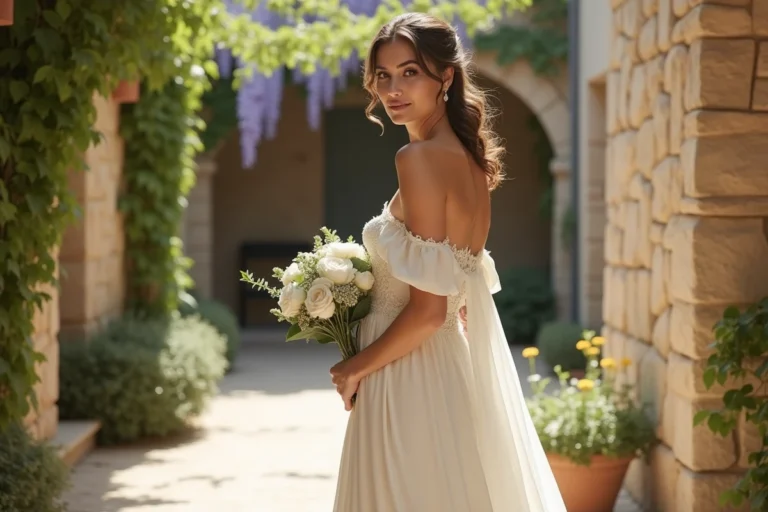 Mariée élégante en robe de mariée ivoire tendance 2024 dans une cour provençale fleurie