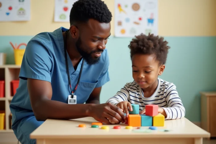 Thérapeute spécialisé accompagnant un enfant autiste dans une clinique pédiatrique en Arizona