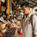 Touriste occidental examinant un couteau décoratif dans un marché traditionnel thaïlandais à Chiang Mai