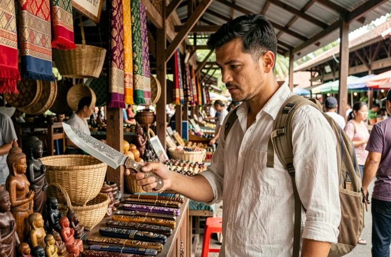 Touriste occidental examinant un couteau décoratif dans un marché traditionnel thaïlandais à Chiang Mai