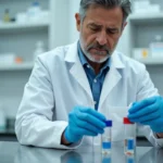 Scientifique en blouse blanche comparant deux flacons pharmaceutiques dans un laboratoire moderne, illustrant la transformation de Zetmir en Dirmox