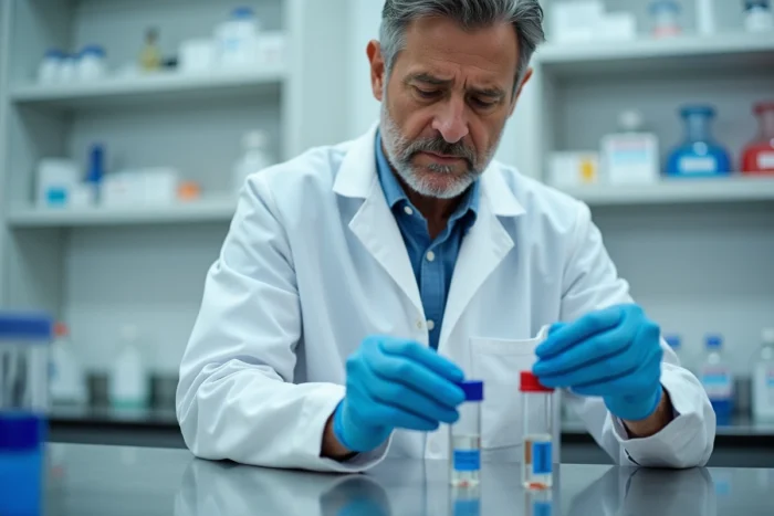 Scientifique en blouse blanche comparant deux flacons pharmaceutiques dans un laboratoire moderne, illustrant la transformation de Zetmir en Dirmox