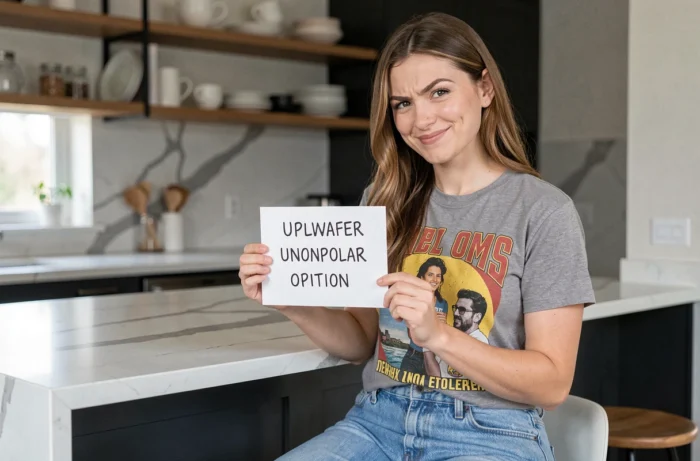 Femme avec une expression défiante tenant une carte d'opinion impopulaire humoristique, illustrant la bio unpopular opinion pour Tinder