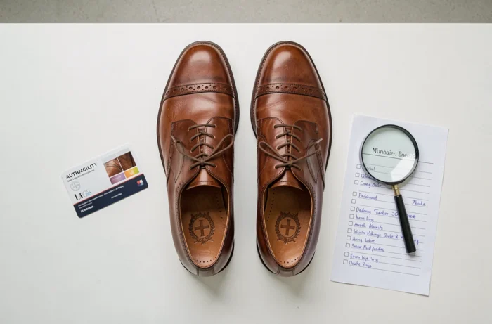 Vue de dessus d'une paire de chaussures Oxford en cuir authentique avec checklist d'authentification et loupe pour détecter les contrefaçons
