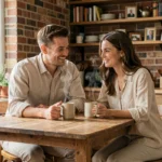 Couple heureux partageant un moment intime chez eux autour d'un café, illustrant la vie privée et conjugale de Florian Tardif