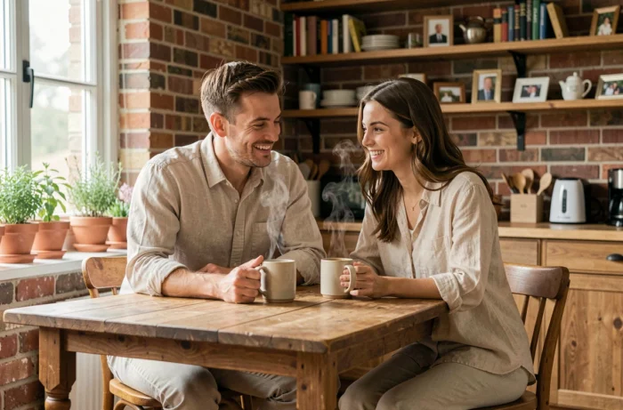 Couple heureux partageant un moment intime chez eux autour d'un café, illustrant la vie privée et conjugale de Florian Tardif