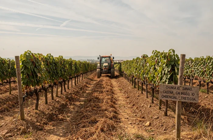 Vignoble espagnol traité au désherbant avec végétation au sol desséchée, tracteur agricole et panneau d'avertissement chimique