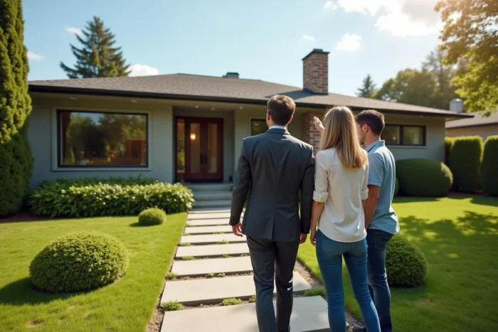 Agent immobilier faisant visiter l'extérieur d'une maison à des acheteurs lors d'une contre-visite