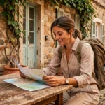 Voyageuse consultant une carte artisanale devant un café de village au Portugal, ambiance authentique et dépaysante